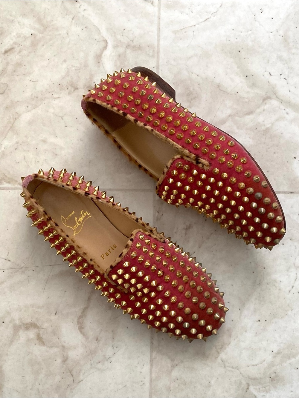 Christian Louboutin Dandelion Pink Velvet Gold Spikes Loafers Ballet Flats 7/37